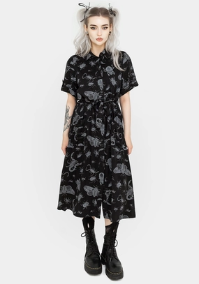 Parasite Bugs Short Sleeve Midi Shirt Dress - Black Dresses Womens - women's dresses clearance
