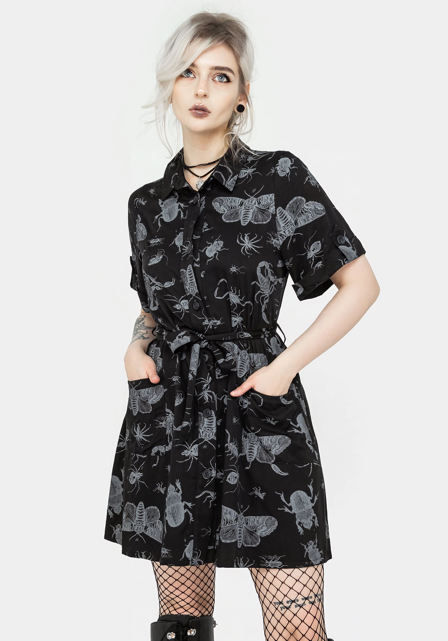 Parasite Bugs Short Sleeve Mini Shirt Dress - Black