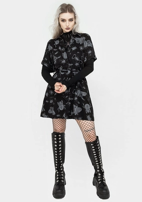 Parasite Bugs Short Sleeve Mini Shirt Dress - Black Dresses Womens - women's dresses clearance