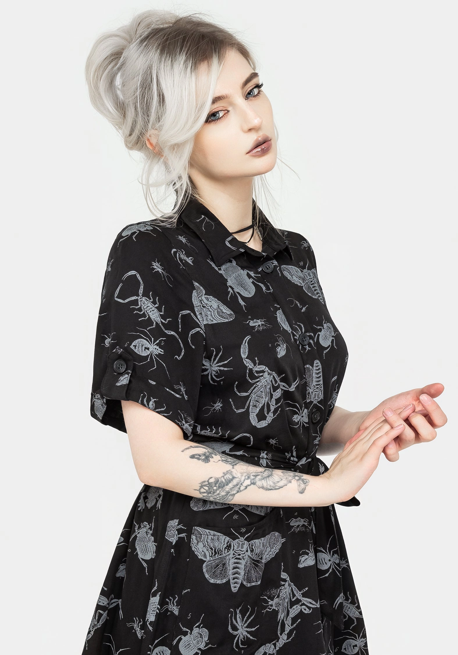 Parasite Bugs Short Sleeve Mini Shirt Dress - Black