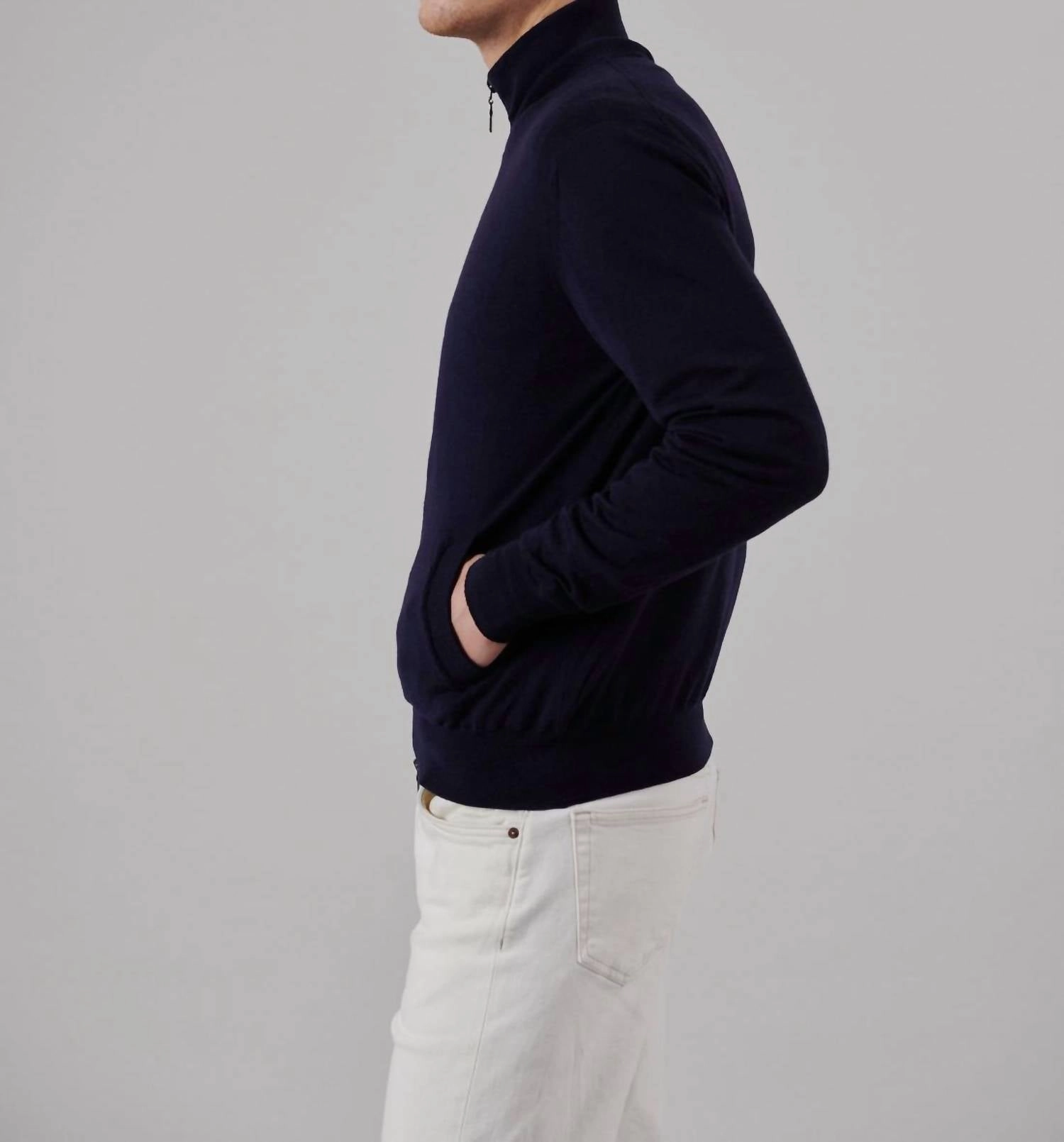 Paros Reversible Full Zip Stretch Bomber Sweater In Navy