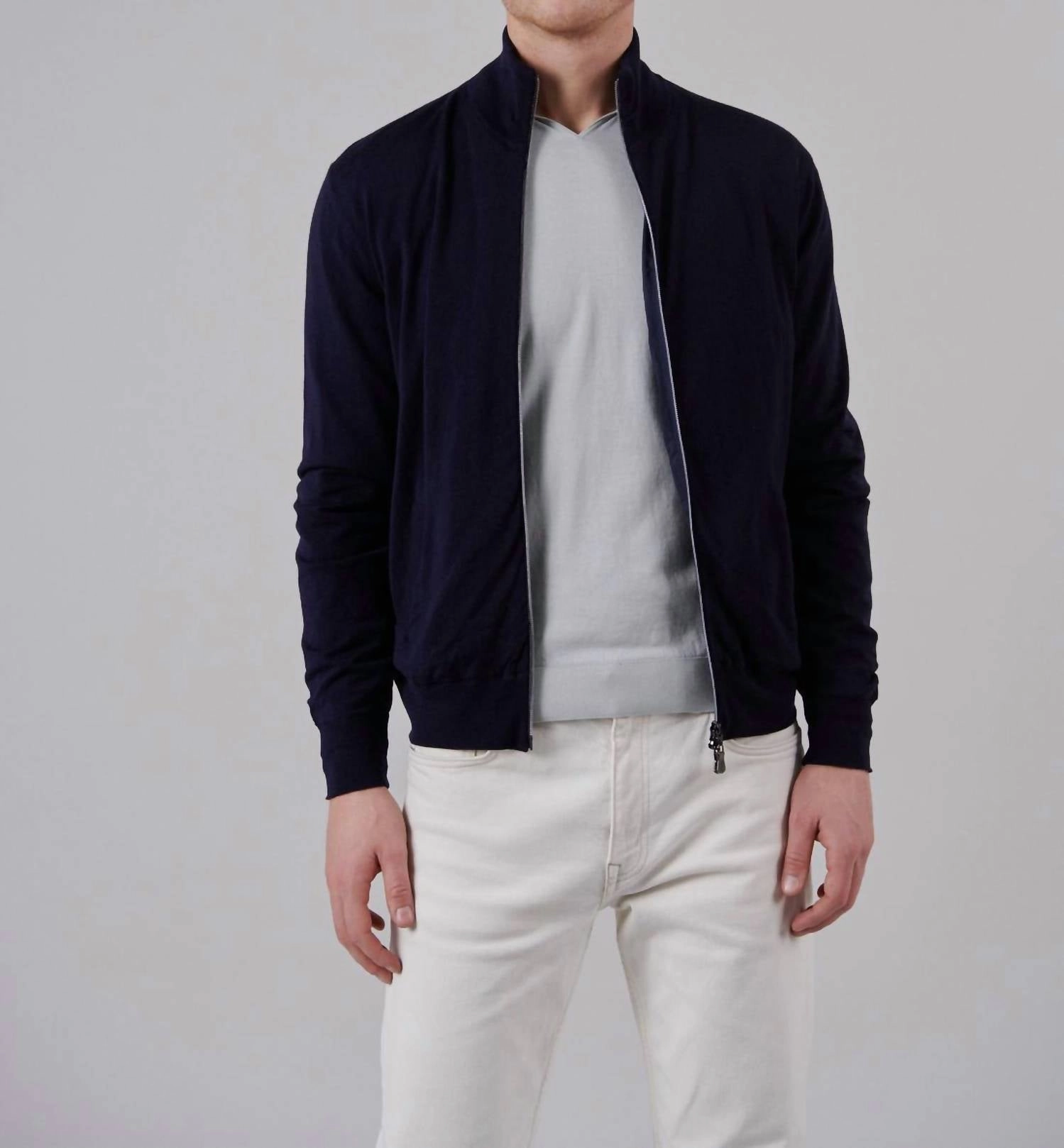Paros Reversible Full Zip Stretch Bomber Sweater In Navy turtleneck sweaters sale