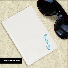 Personalised Blue Name Cream Passport Holder (MRK-iD) Holiday Collection - holiday outfits clearance