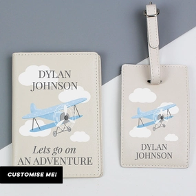 Personalised Blue Plane Passport Holder & Luggage Tag Set (MRK-iD) Holiday Collection - holiday outfits clearance
