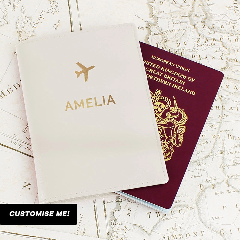 Personalised Gold Name Cream Passport Holder (MRK-iD) Holiday Collection - holiday outfits clearance