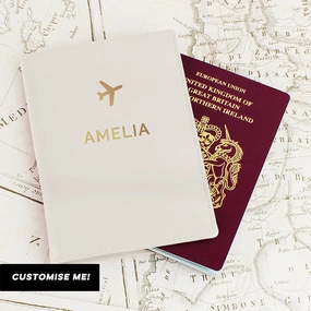 Personalised Gold Name Cream Passport Holder (MRK-iD) Holiday Collection - holiday outfits clearance