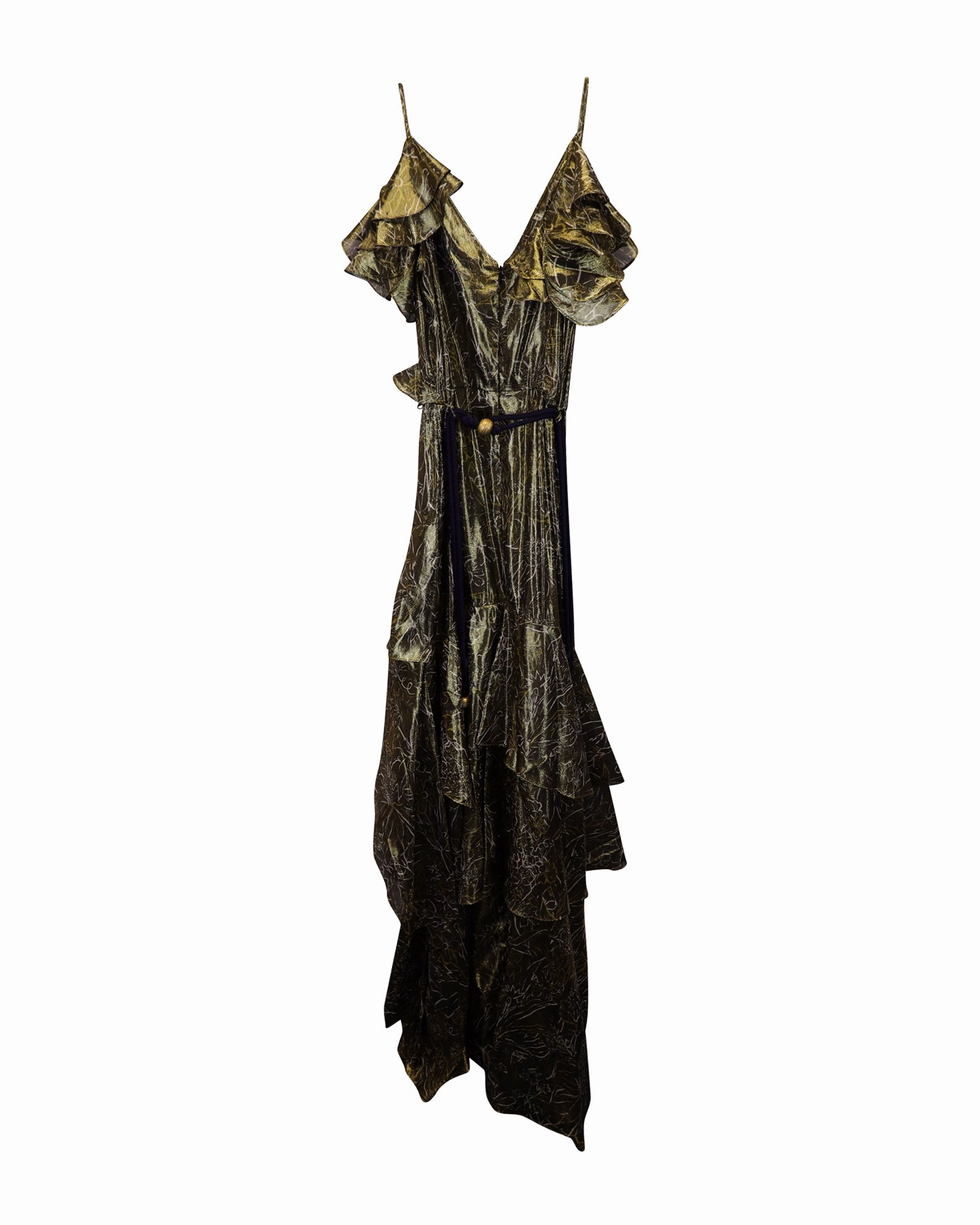 Peter Pilotto V-Neck Ruffled Dress in Gold Silk