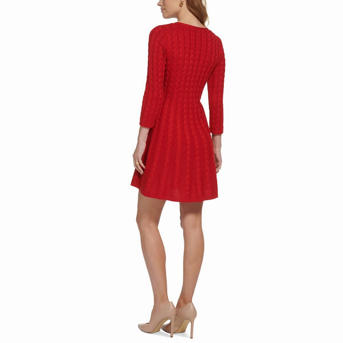Petites Womens Cable Knit V-Neck Sweaterdress