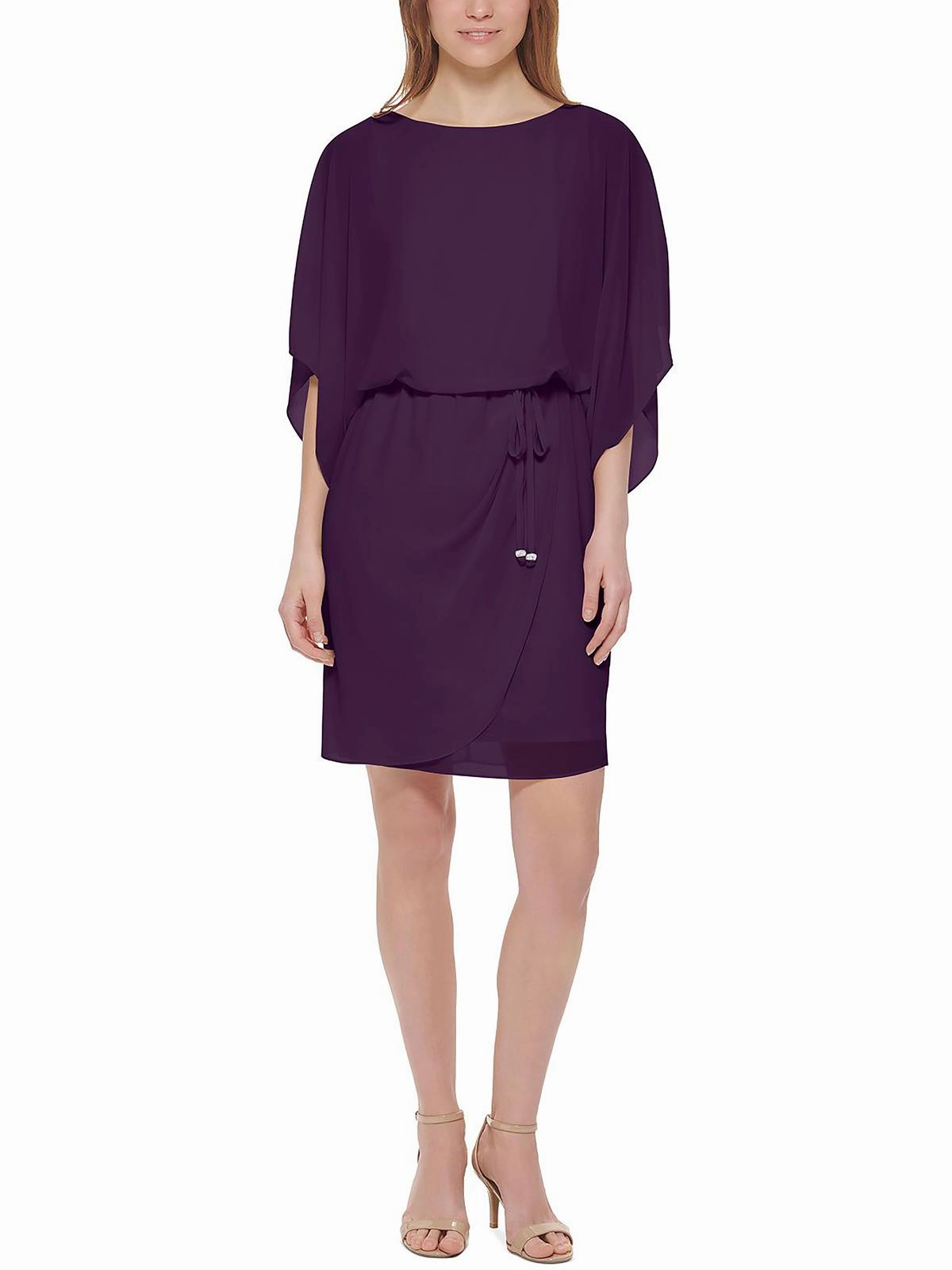 Petites Womens Chiffon Cape-Sleeves Cocktail and Party Dress