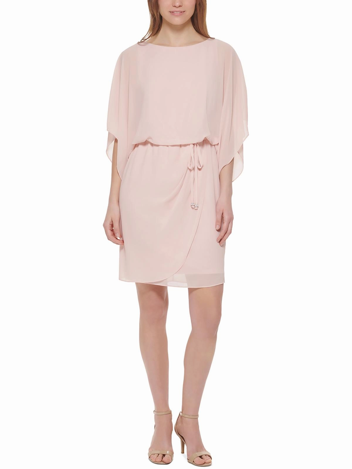 Petites Womens Chiffon Cape-Sleeves Cocktail and Party Dress