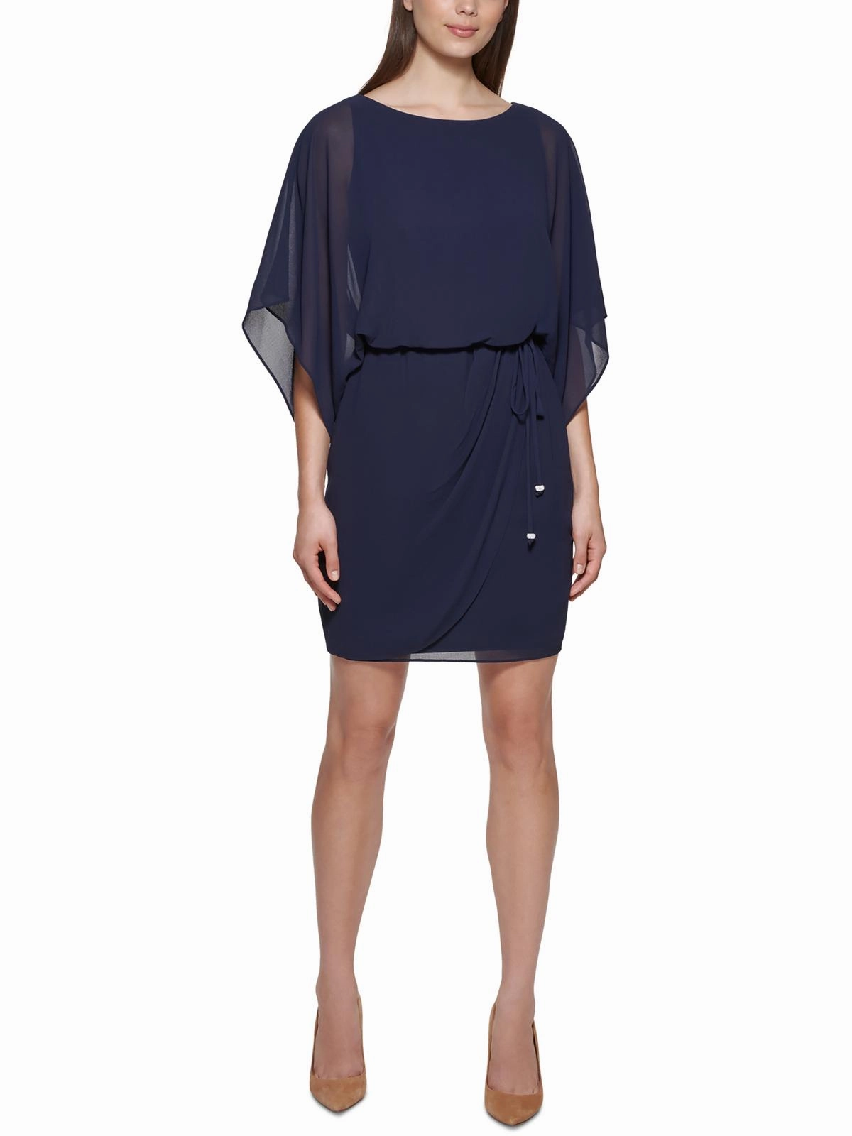 Petites Womens Chiffon Cape-Sleeves Cocktail and Party Dress