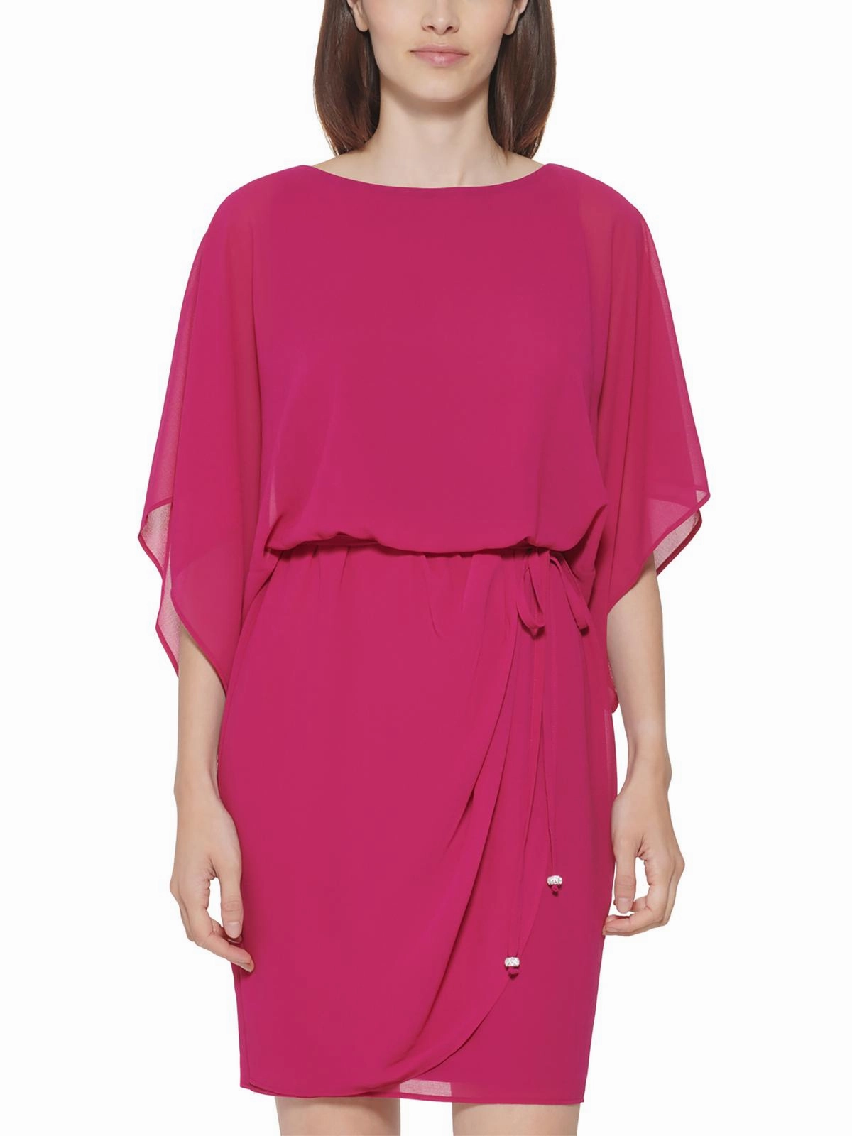 Petites Womens Chiffon Cape-Sleeves Cocktail and Party Dress