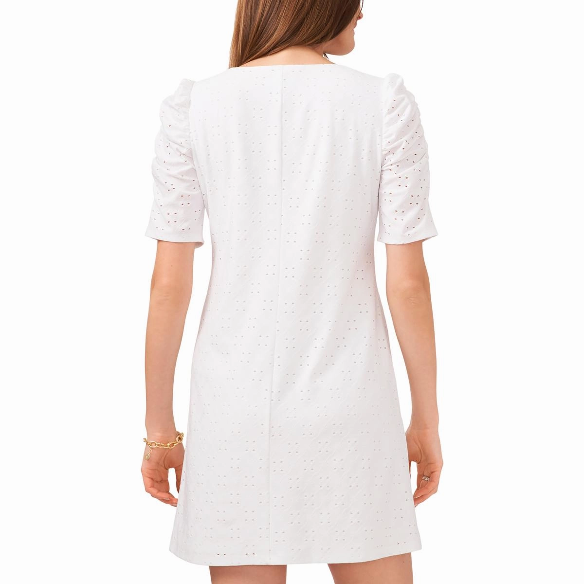 Petites Womens Eyelet Puff Sleeves Shift Dress