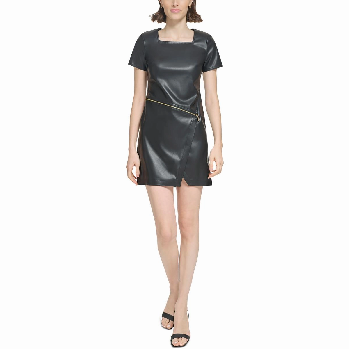 Petites Womens Faux Leather Short Sheath Dress