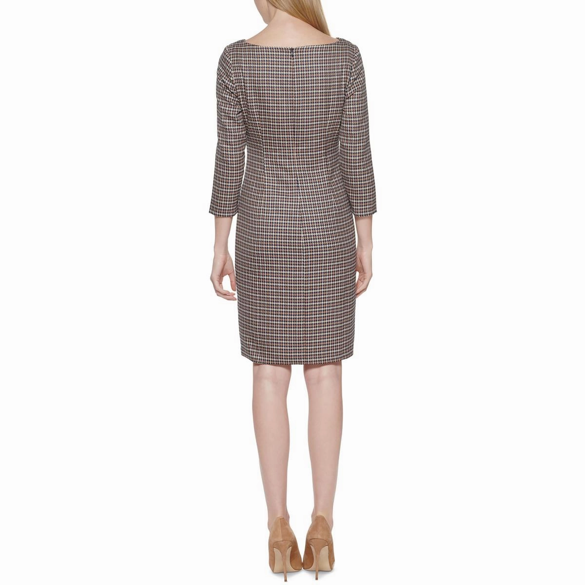 Petites Womens Houndstooth Pleated Sheath Dress