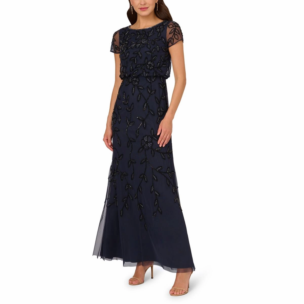 Petites Womens Sequin Beaded Evening Dress