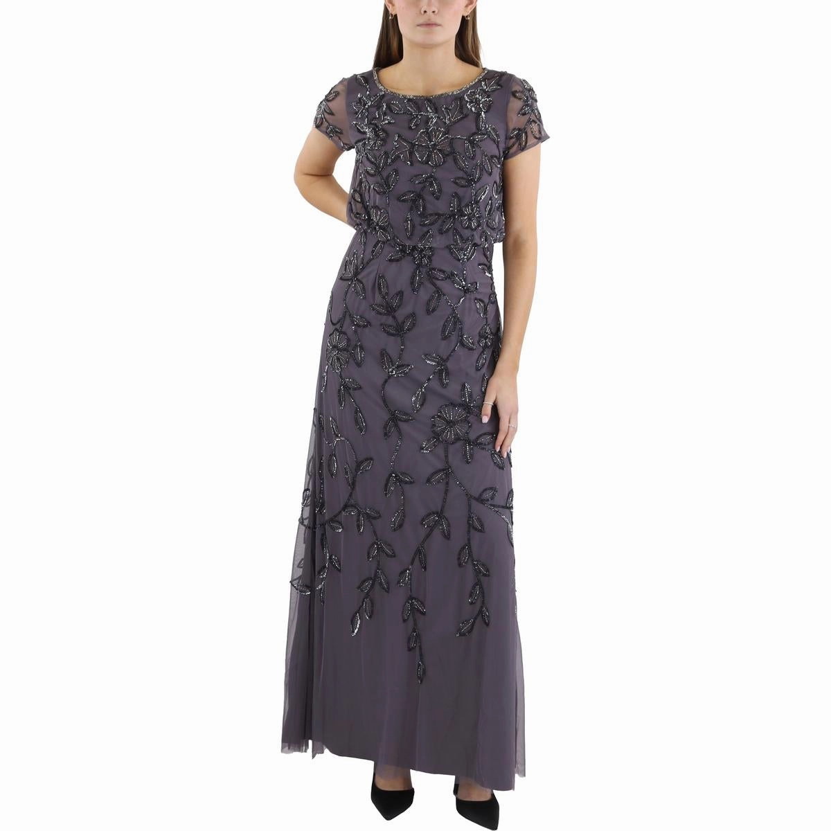 Petites Womens Sequin Beaded Evening Dress