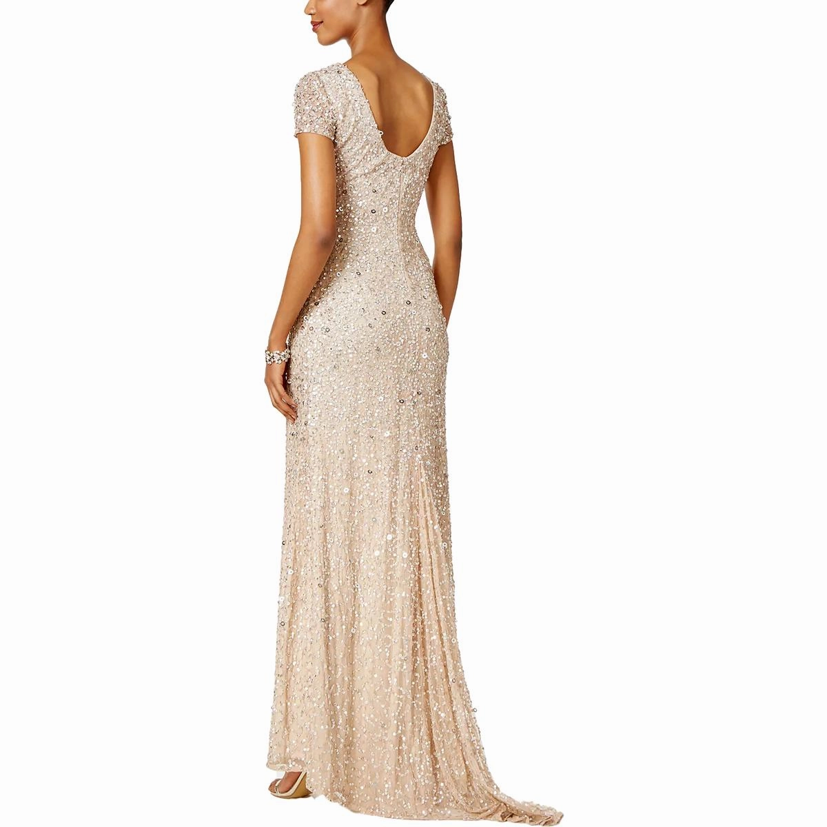 Petites Womens Sequined Cap Sleeve Evening Dress