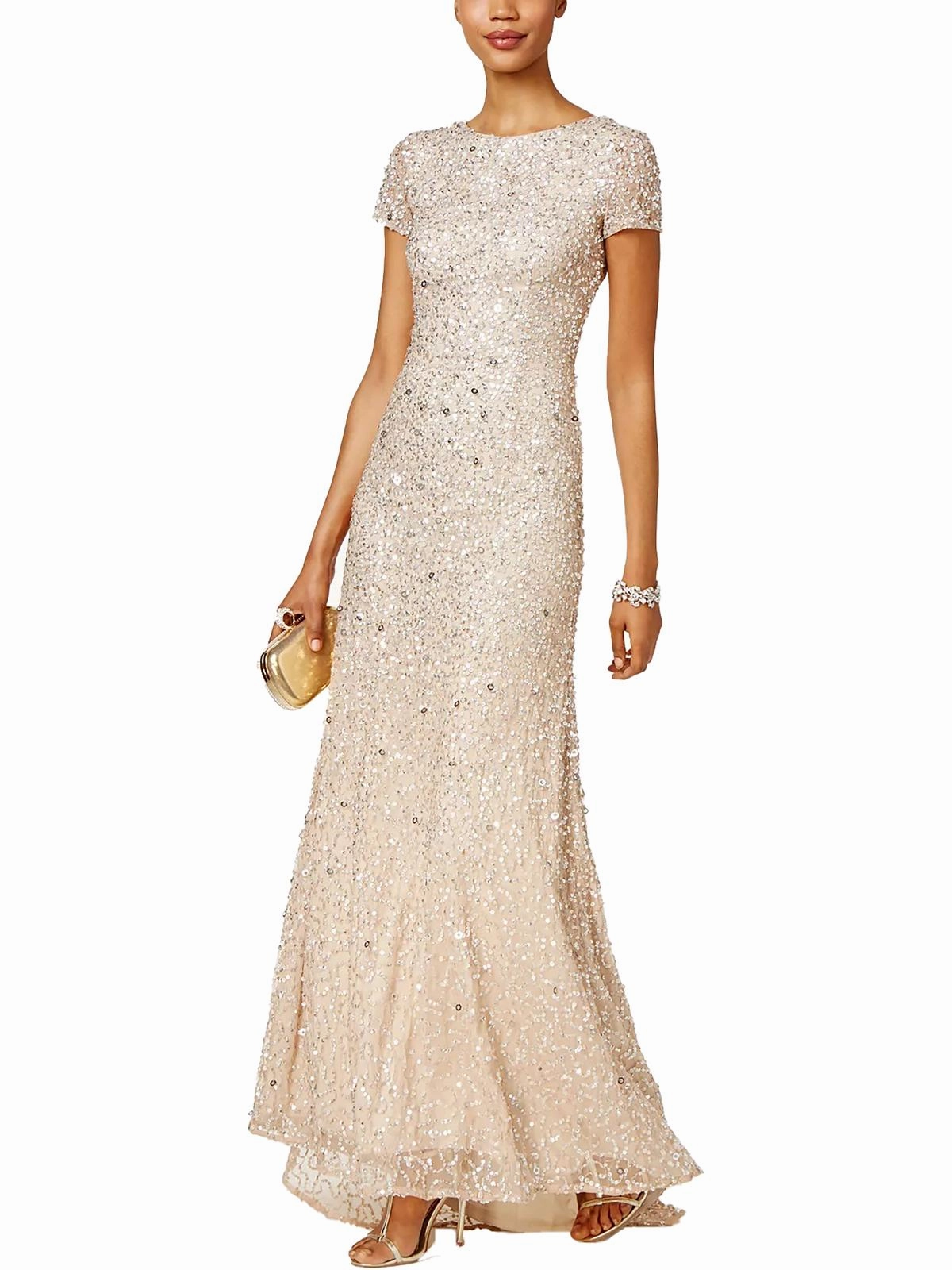 Petites Womens Sequined Cap Sleeve Evening Dress