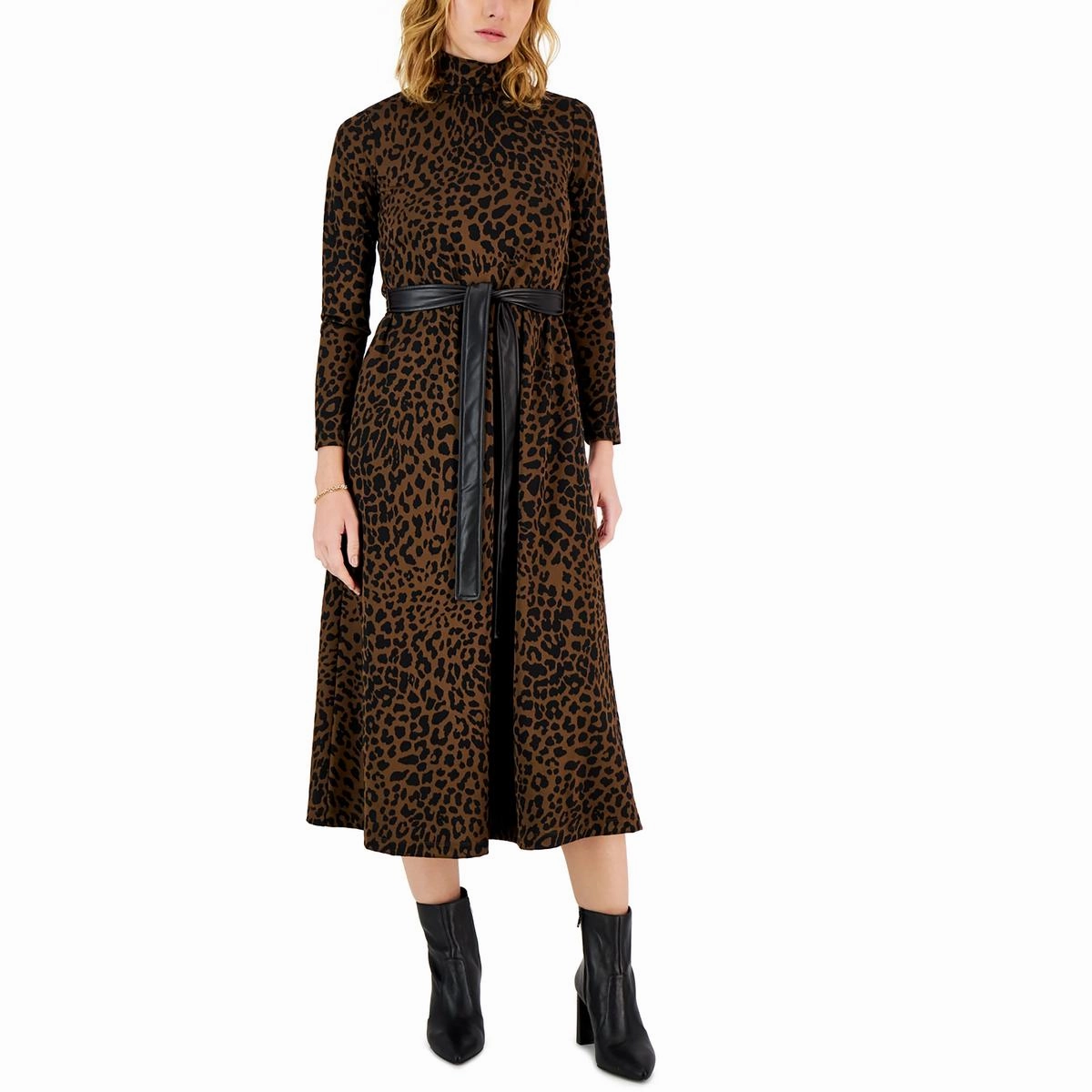 Petites Womens Turtleneck Animal Print Midi Dress