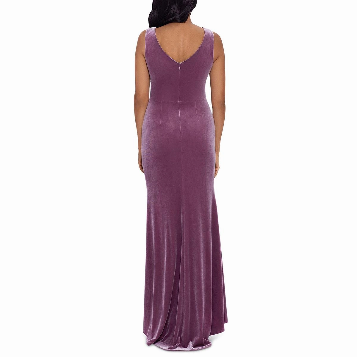 Petites Womens Velvet Ruffled Evening Dress