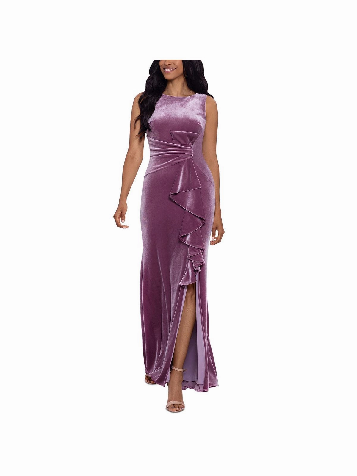 Petites Womens Velvet Ruffled Evening Dress