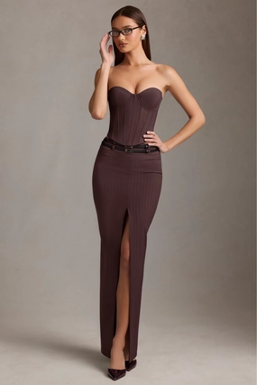 Pinstripe Low-Rise Maxi Skirt in Chocolate Brown Bottoms Womens - women's pants clearance
