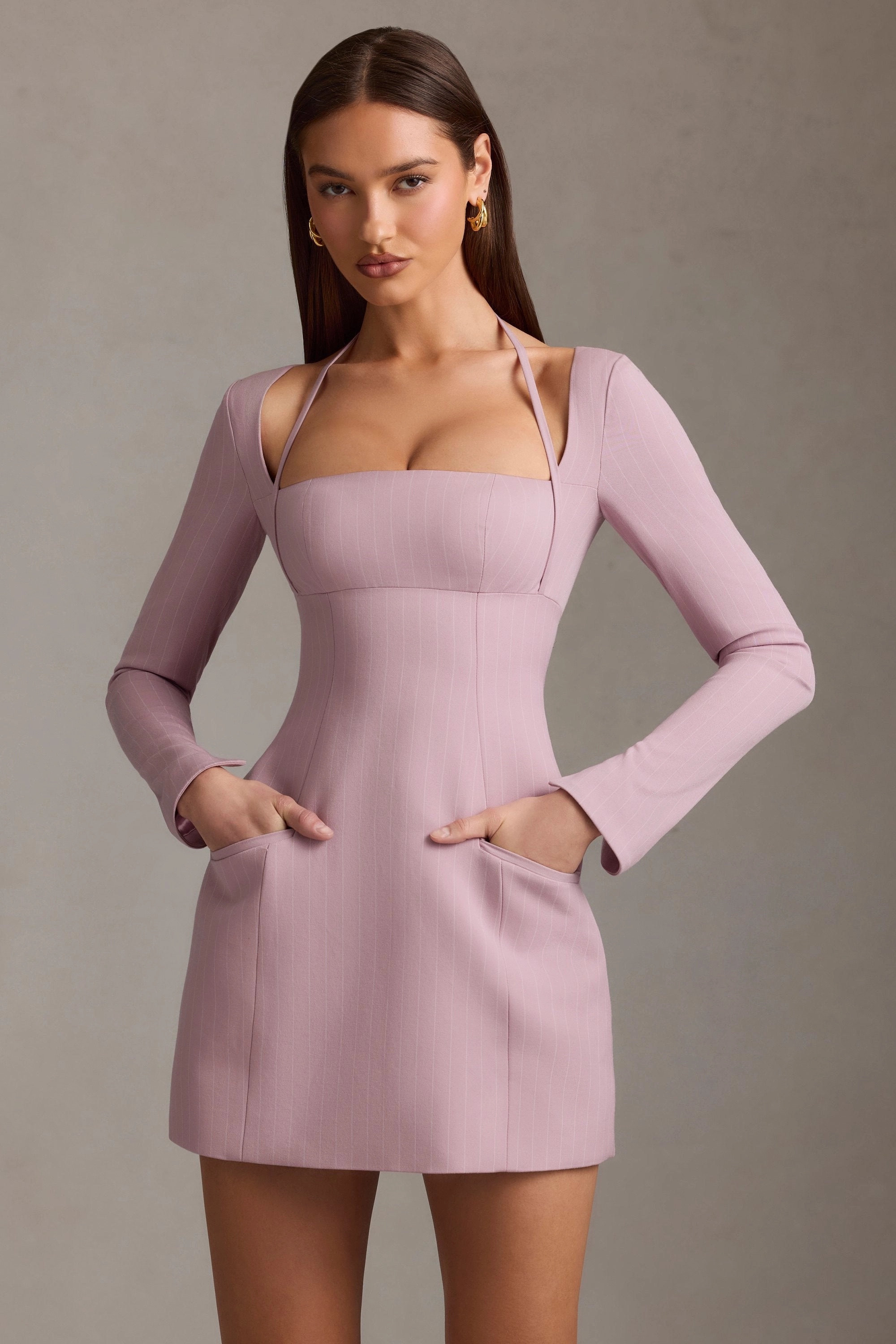 Pinstripe Structured A-Line Mini Dress in Mauve Dresses best price