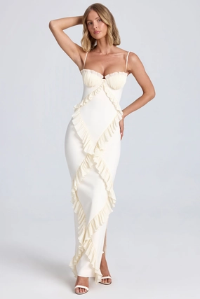 Pliss Ruffle-Trim Maxi Dress in Ivory Dresses outlet online