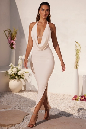 Plunge Cowl Neck Floor Length Dress in Ivory Dresses outlet online
