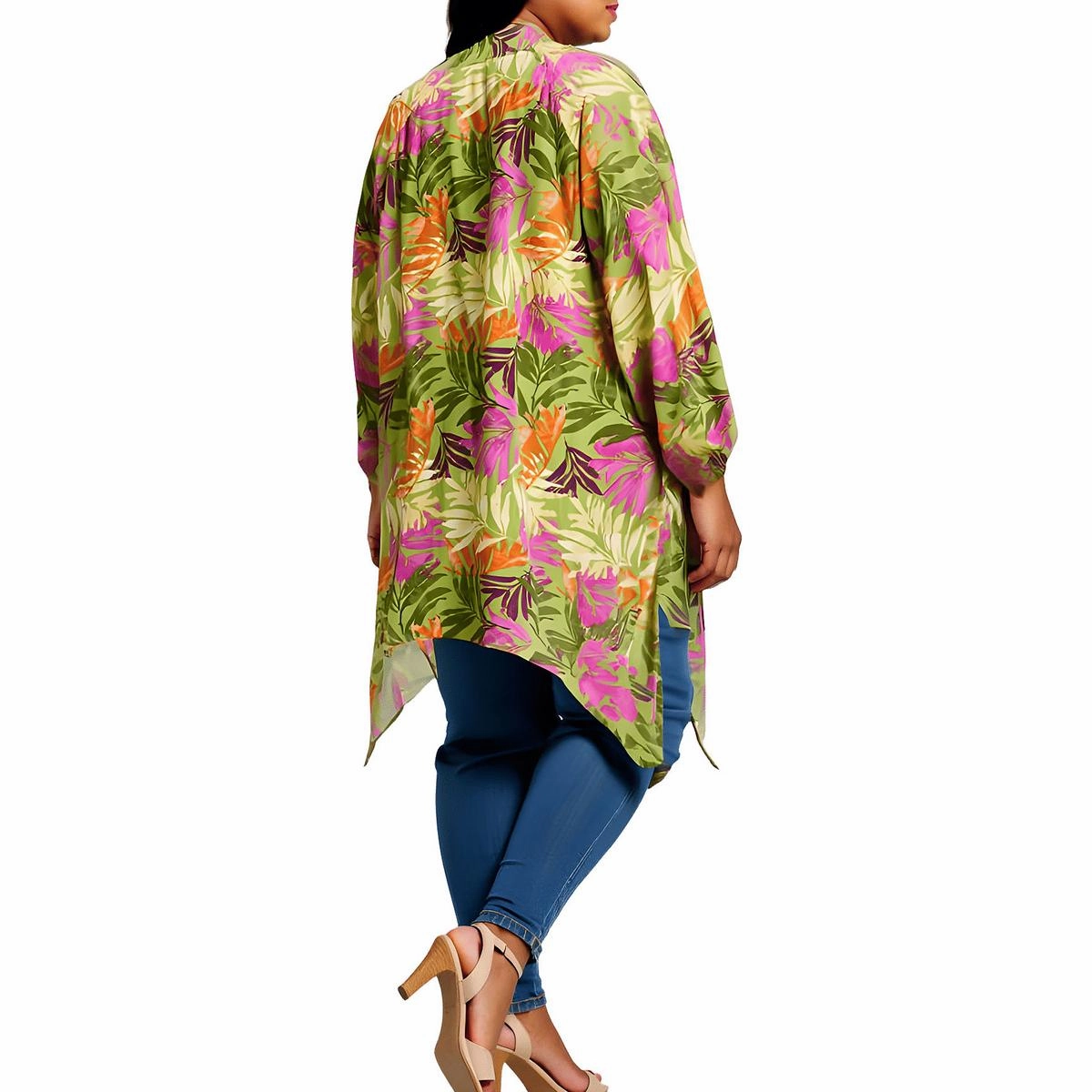 Plus Agnette Womens Hi-Low Floral Kimono