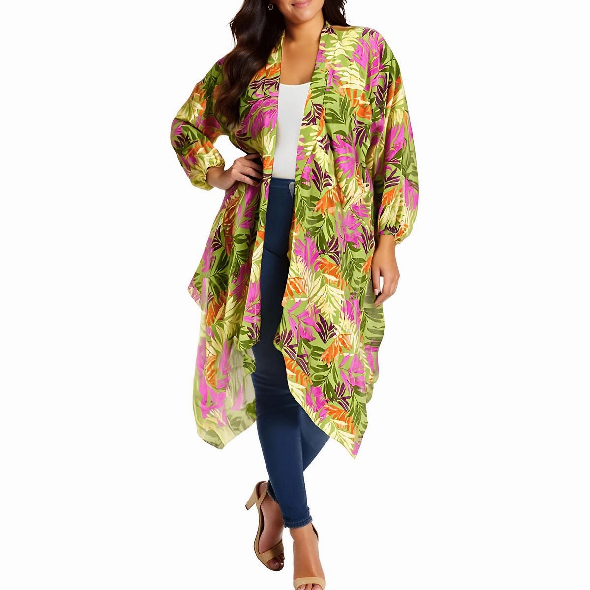 Plus Agnette Womens Hi-Low Floral Kimono