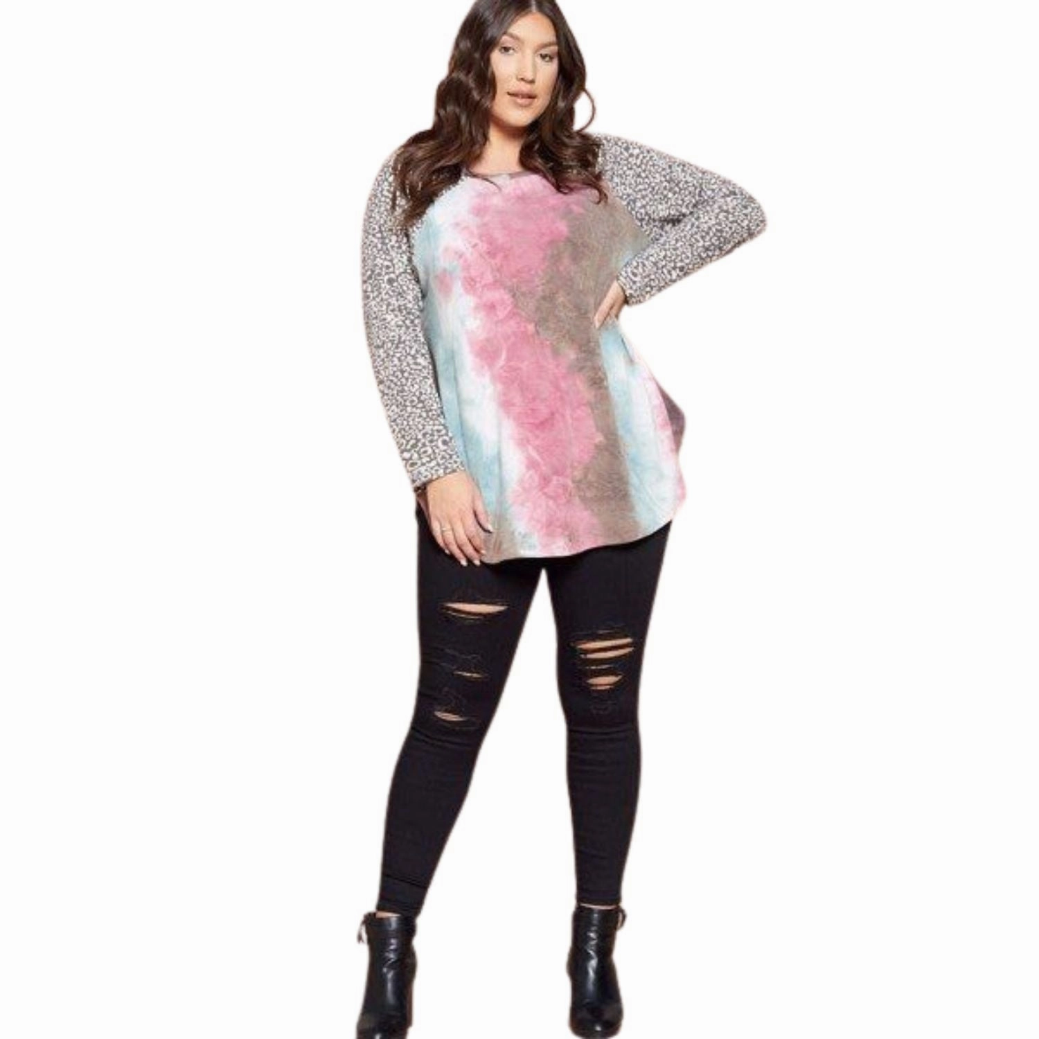 Plus Size French Terry Tie Dye Casual Color Block Top