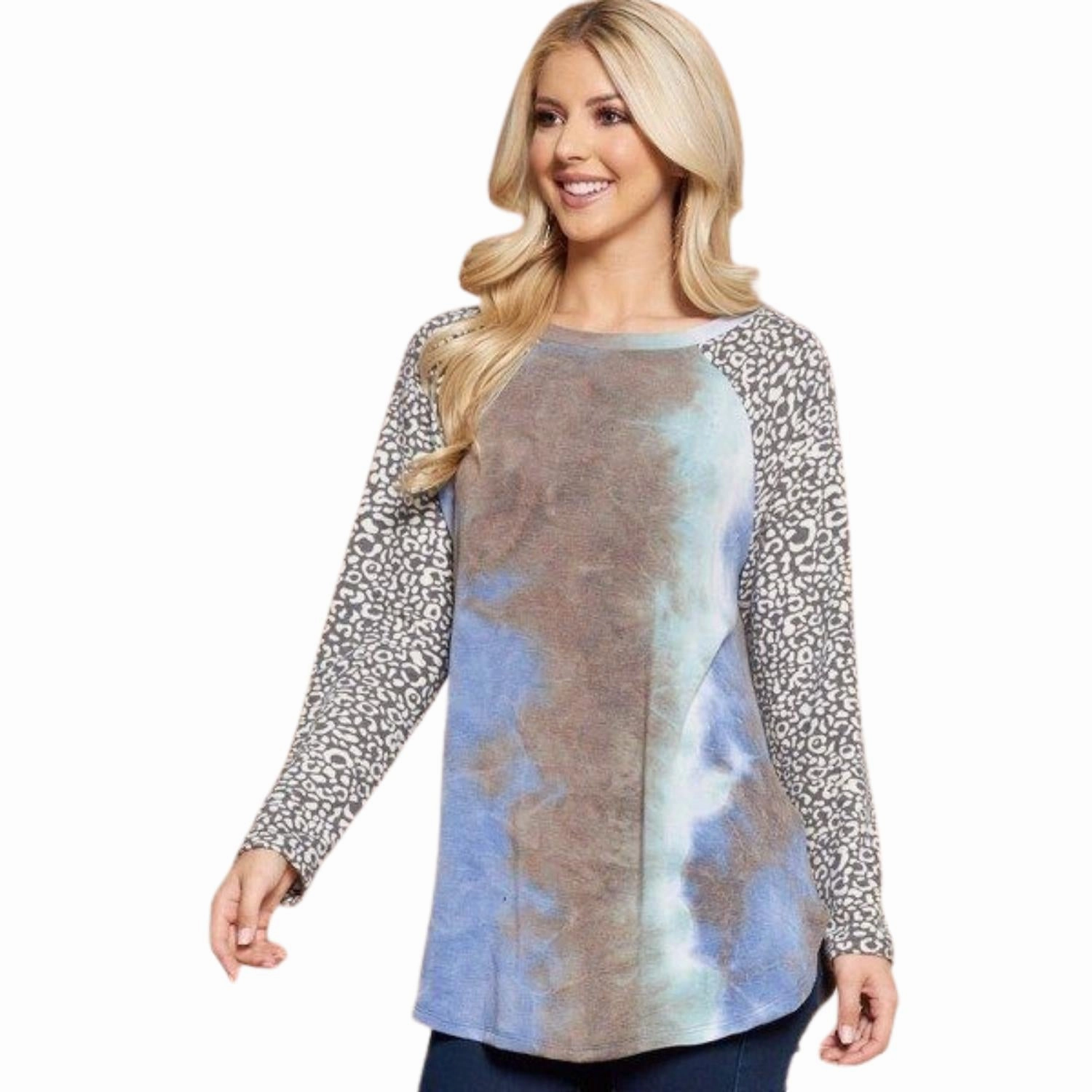 Plus Size French Terry Tie Dye Casual Color Block Top