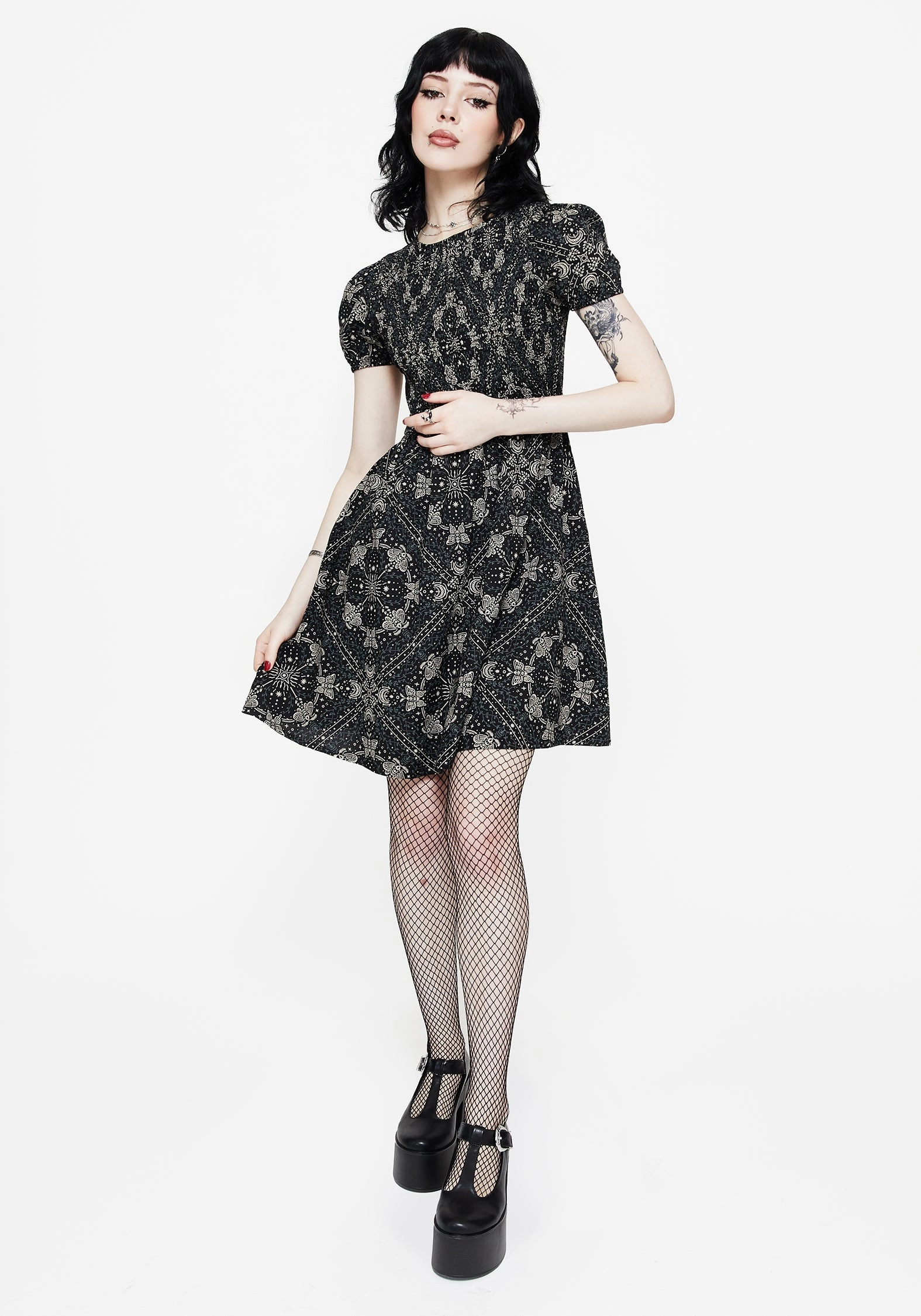 Poem Moth Print Puff Sleeve Mini Dress