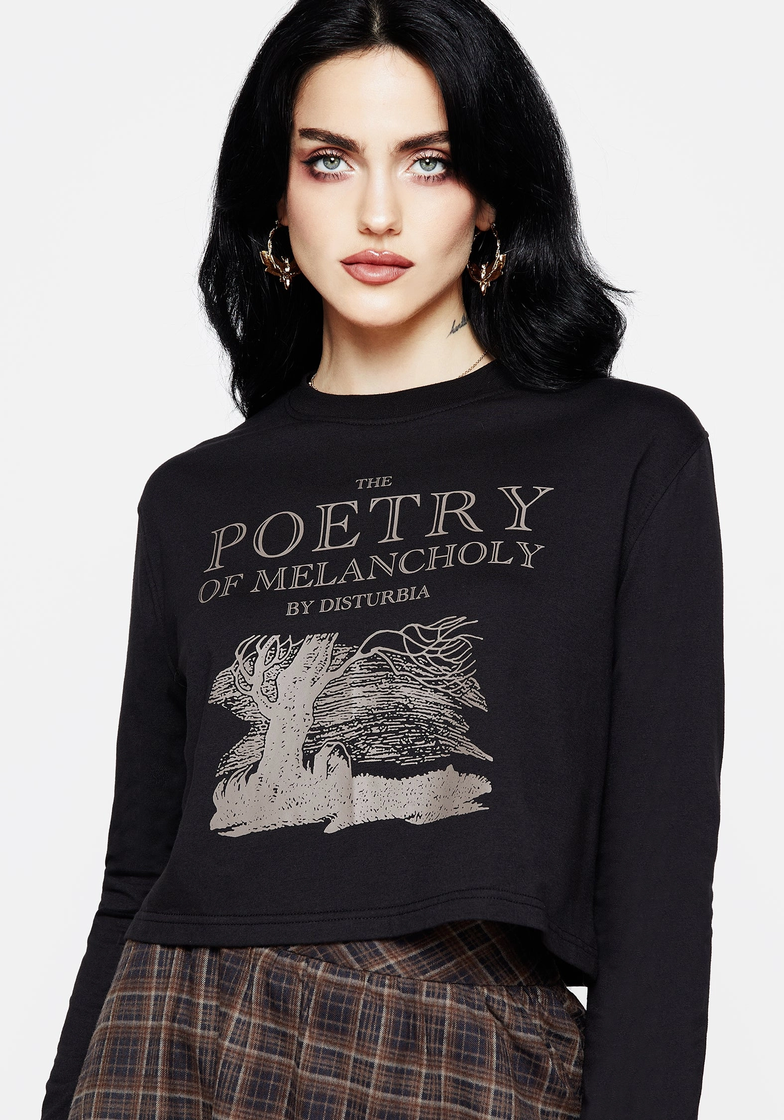 Poetry of Melancholy Graphic Print Long Sleeve Crop Top Tops Womens - women's blouses clearance