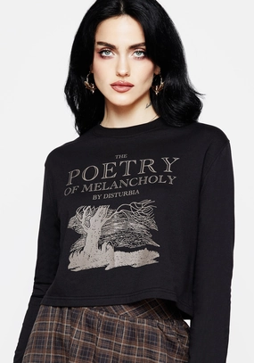 Poetry of Melancholy Graphic Print Long Sleeve Crop Top Tops Womens - women's blouses clearance