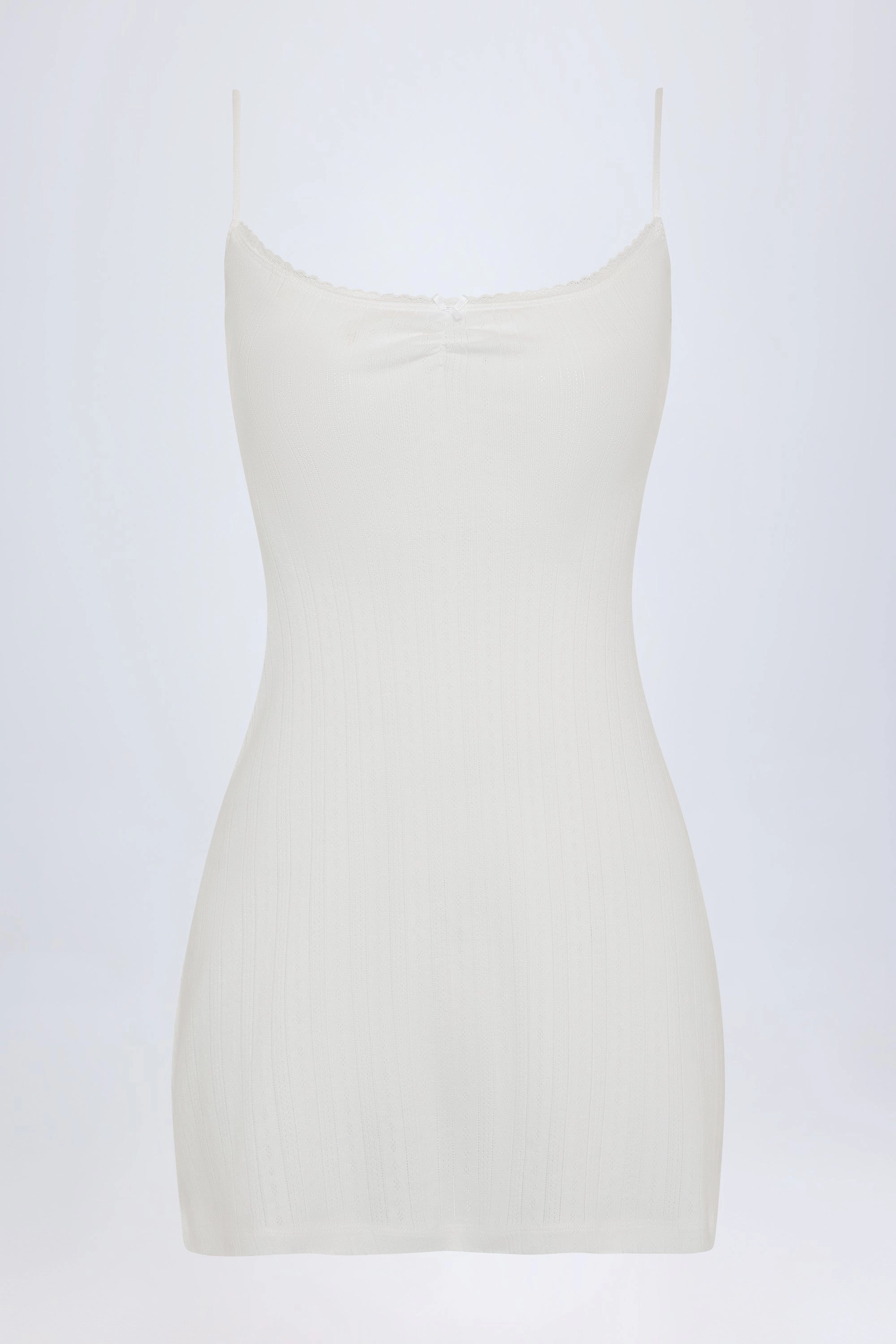 Pointelle Ruched A-Line Mini Dress in White