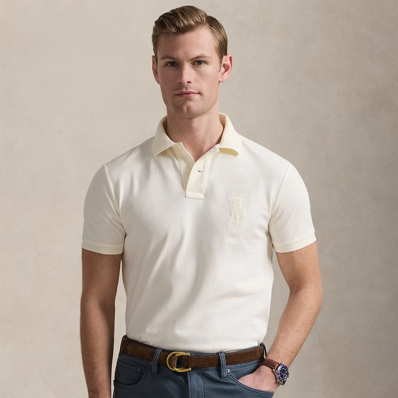 Polo Ralph Lauren Custom Slim Fit Big Pony Mesh Polo Shirt Clubhouse Cream