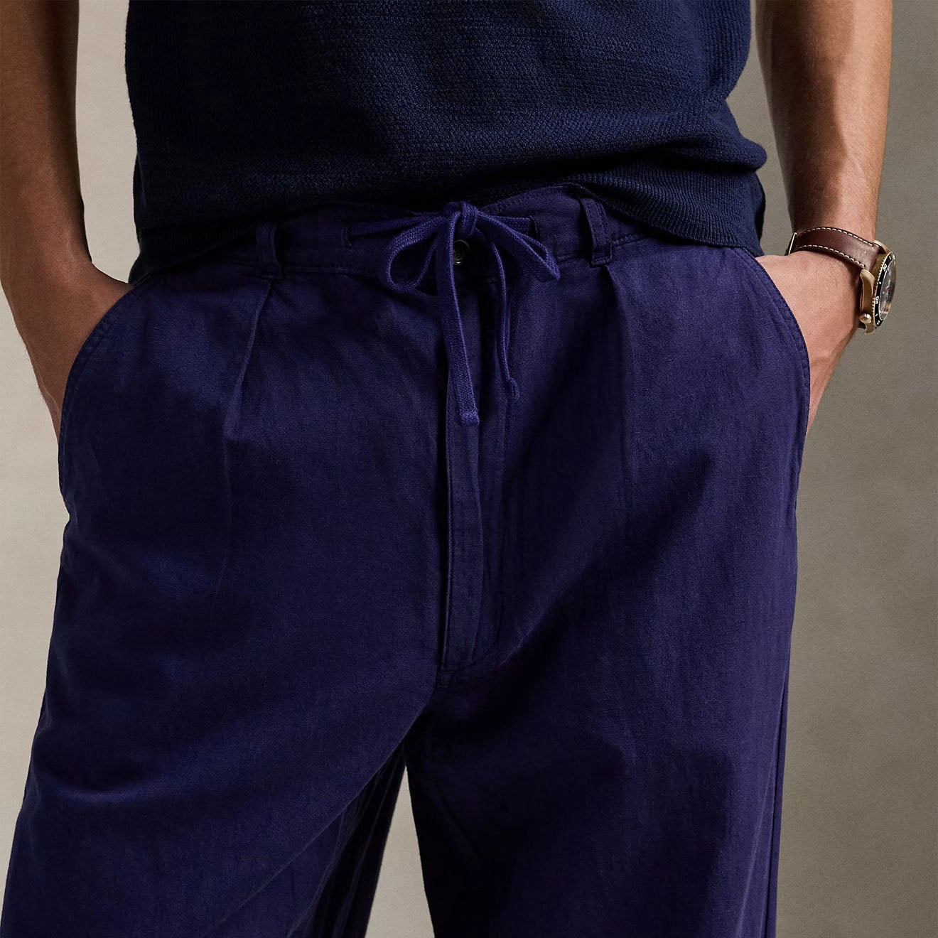 Polo Ralph Lauren Pleated Cotton Linen Pants Newport Navy