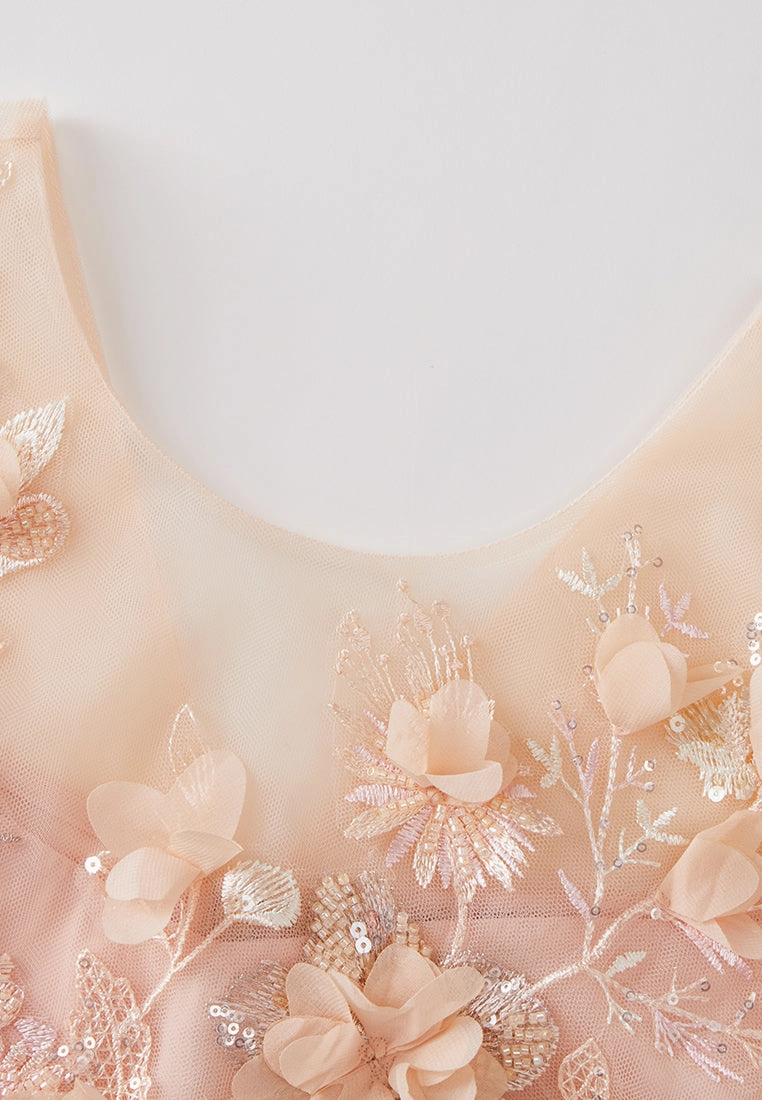 Pop-up Flowers Bead and Sequin Detail Embroidered Mesh Dress
