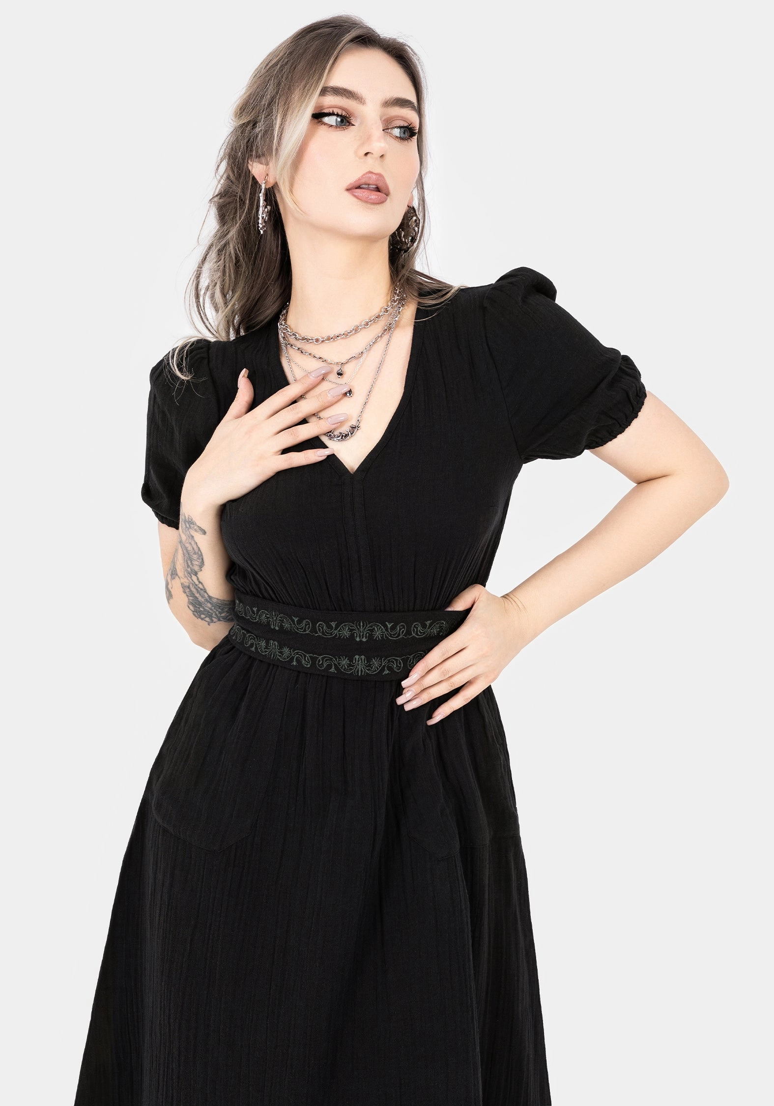 Poultice Embroidered Cotton Midi Dress - Black