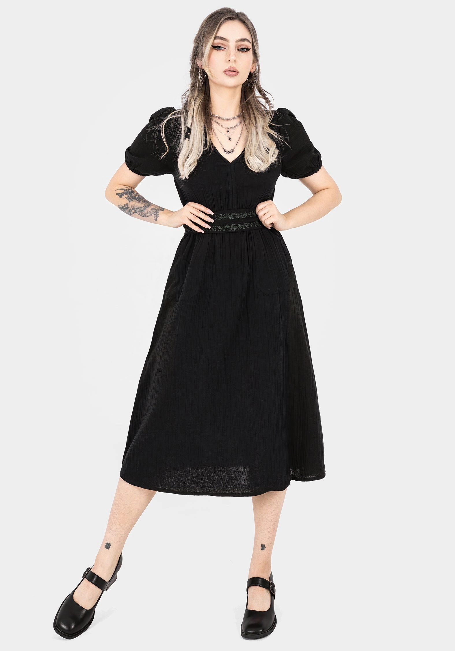 Poultice Embroidered Cotton Midi Dress - Black