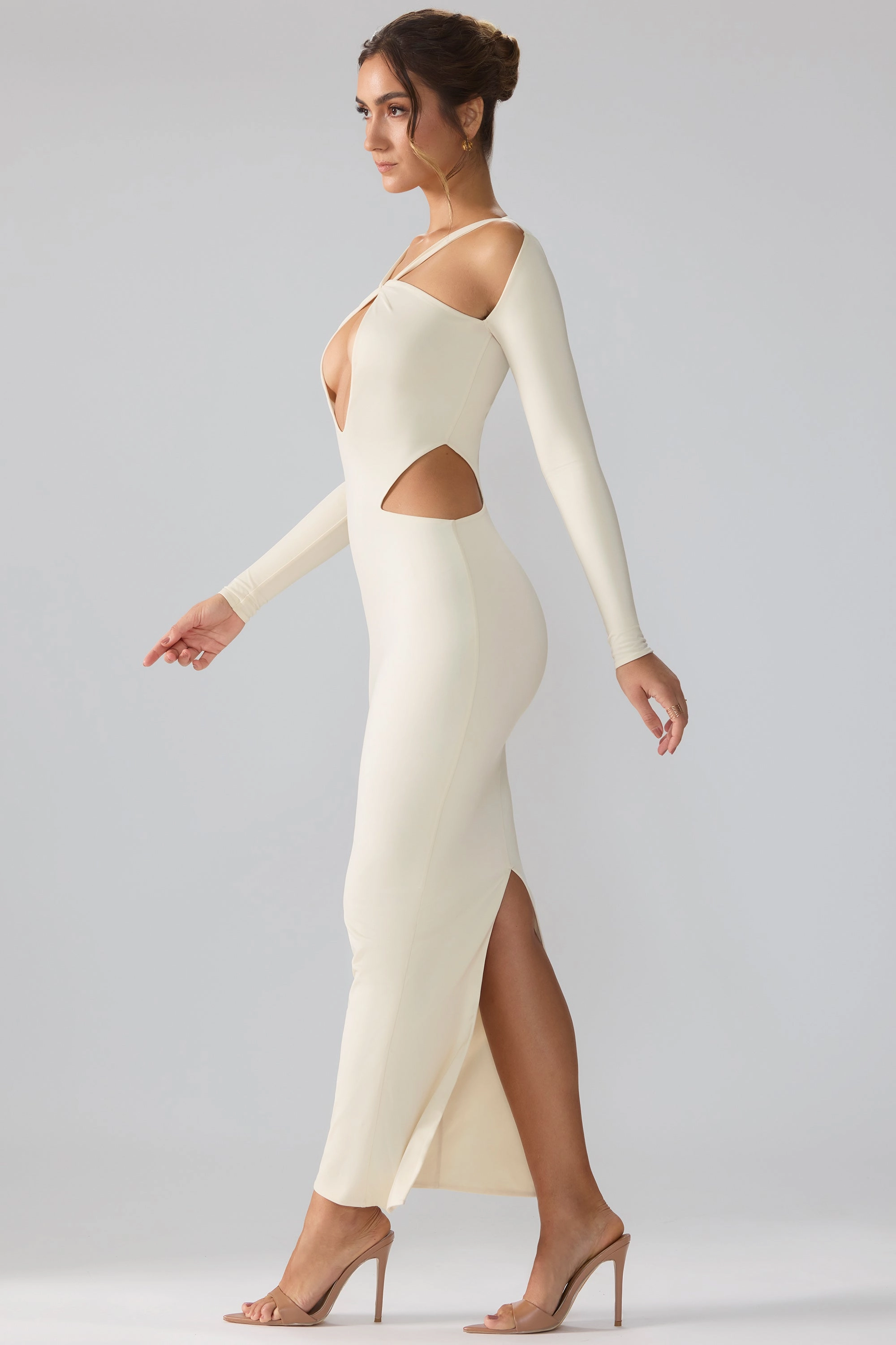 Premium Jersey Long Sleeve Cut Out Maxi Dress in Ivory
