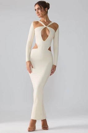 Premium Jersey Long Sleeve Cut Out Maxi Dress in Ivory Dresses outlet online