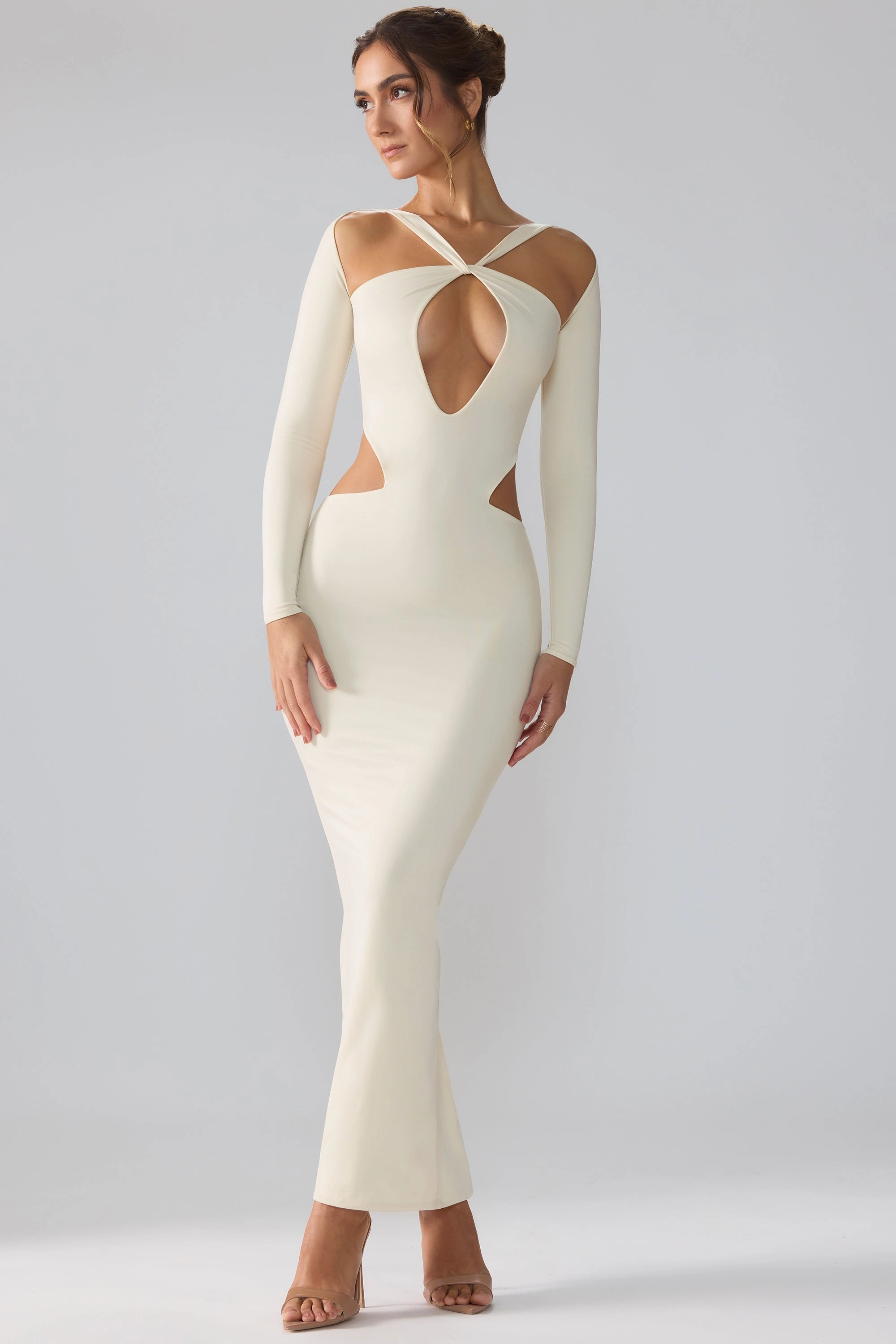 Premium Jersey Long Sleeve Cut Out Maxi Dress in Ivory Dresses outlet online