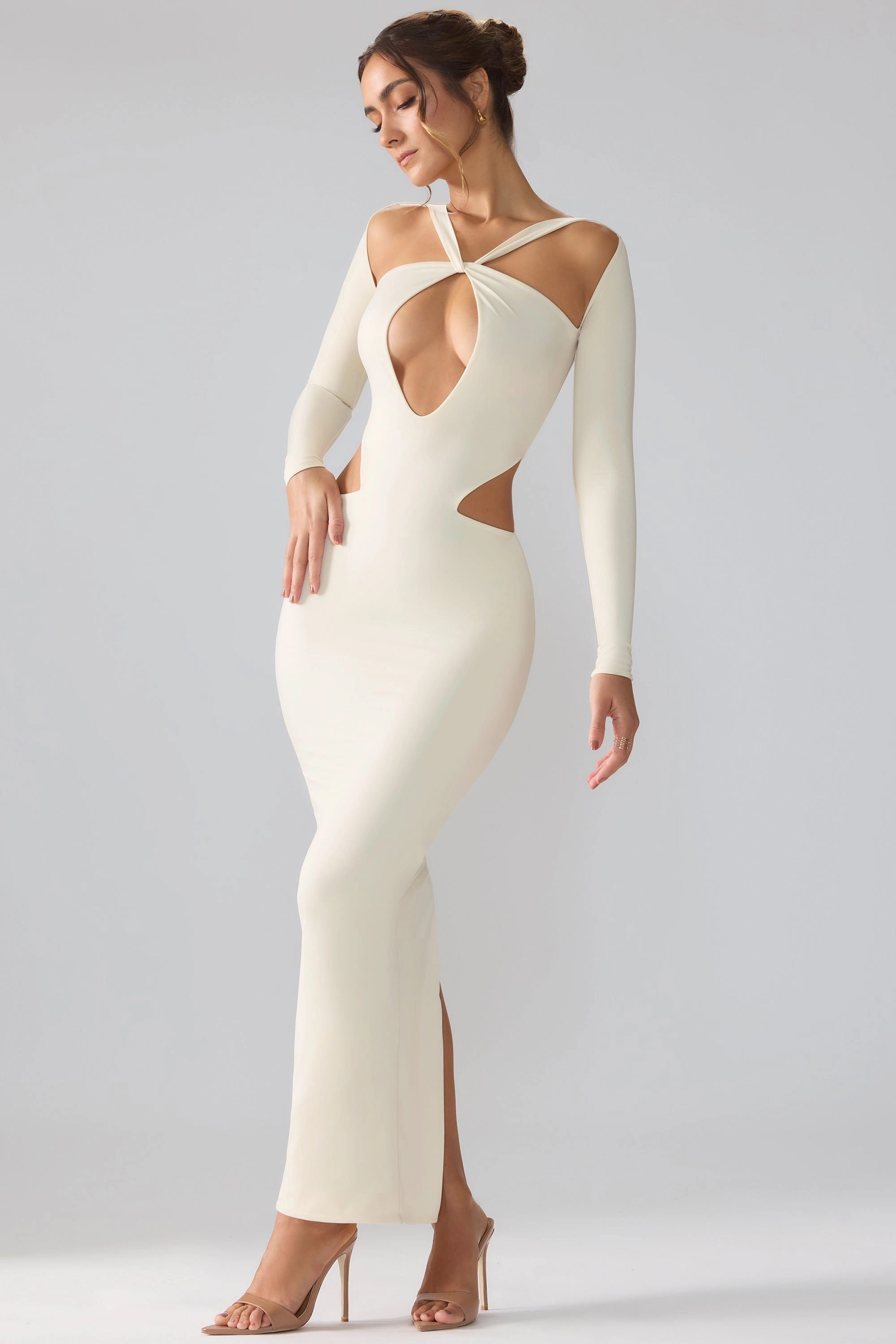 Premium Jersey Long Sleeve Cut Out Maxi Dress in Ivory