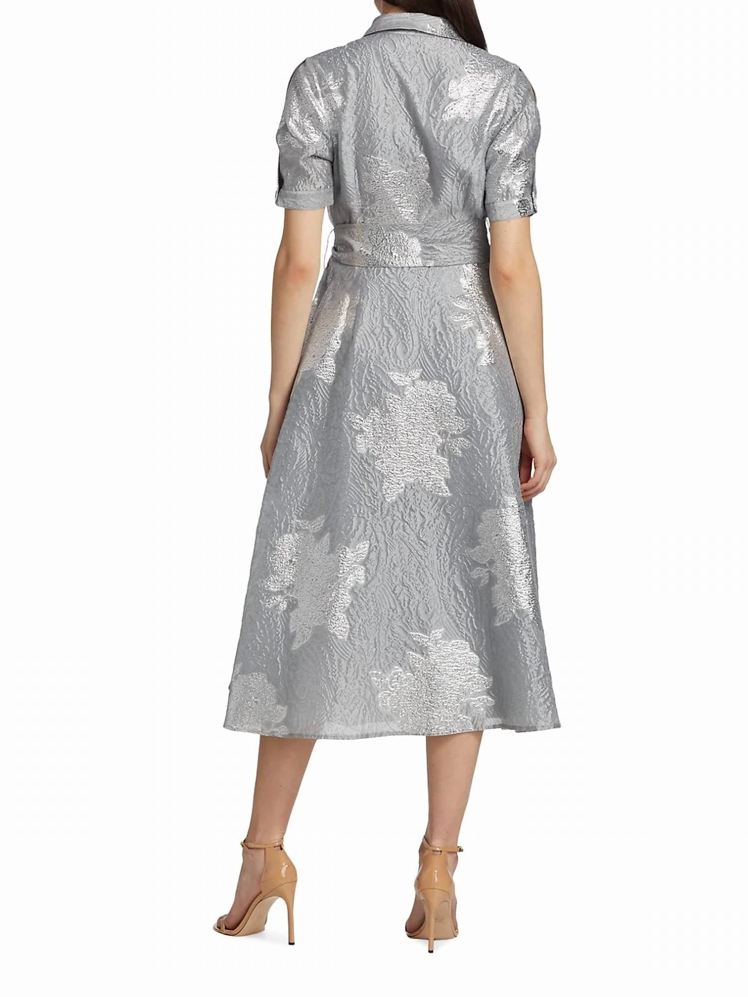 Puff Shoulder Embroidered Cocktail Dress In Platinum