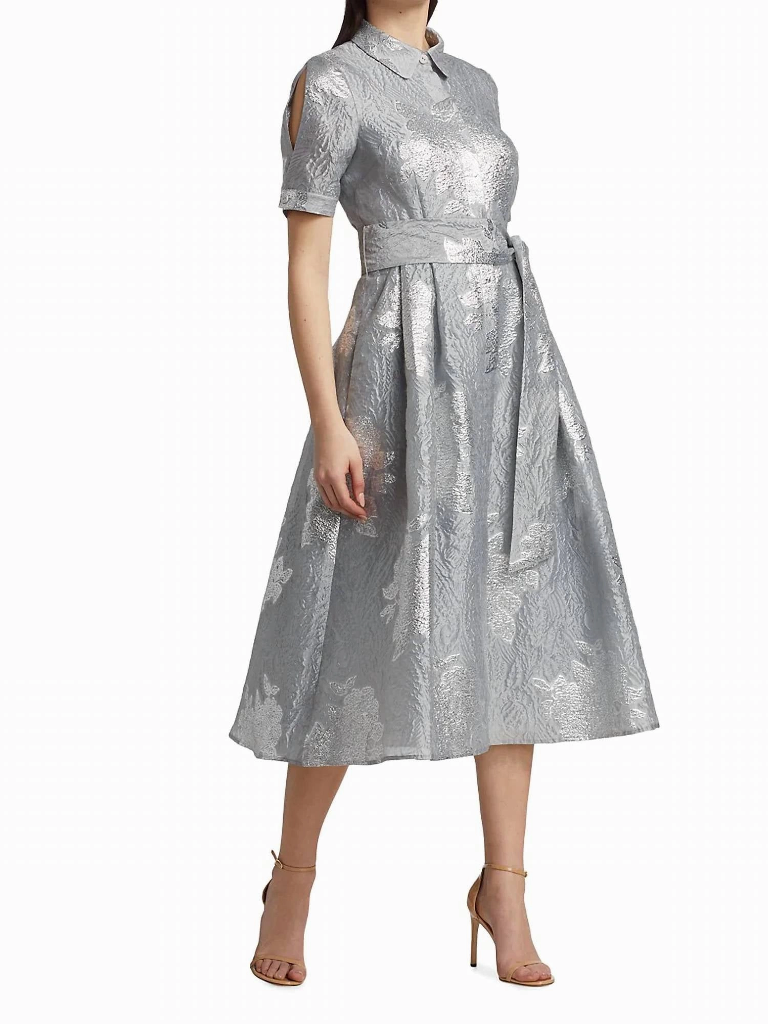 Puff Shoulder Embroidered Cocktail Dress In Platinum