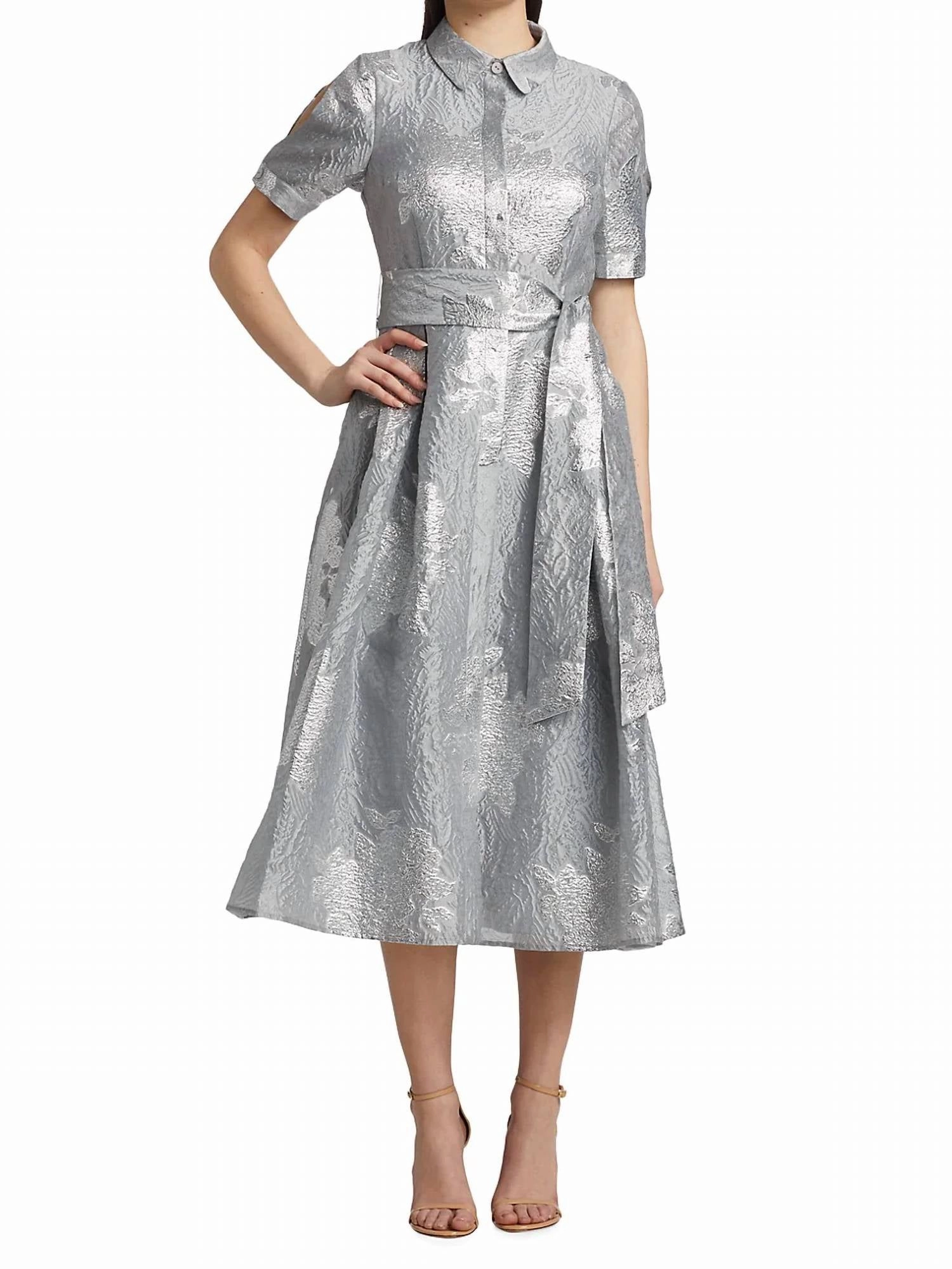 Puff Shoulder Embroidered Cocktail Dress In Platinum